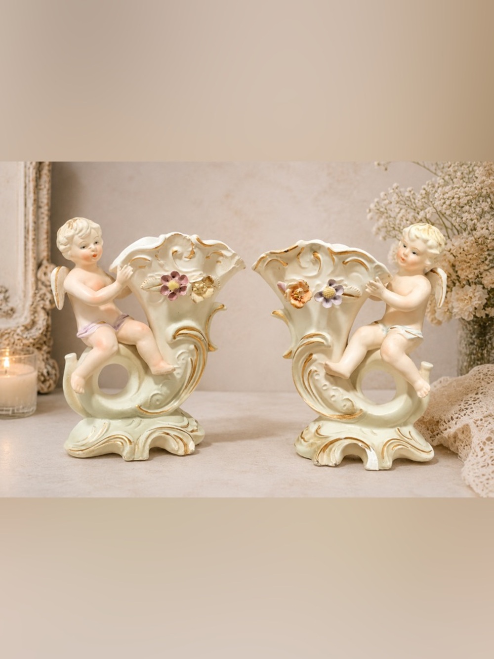 🔍 Vintage Porcelain Cherub Angel Vase Pair Rococo Floral Gold Accents